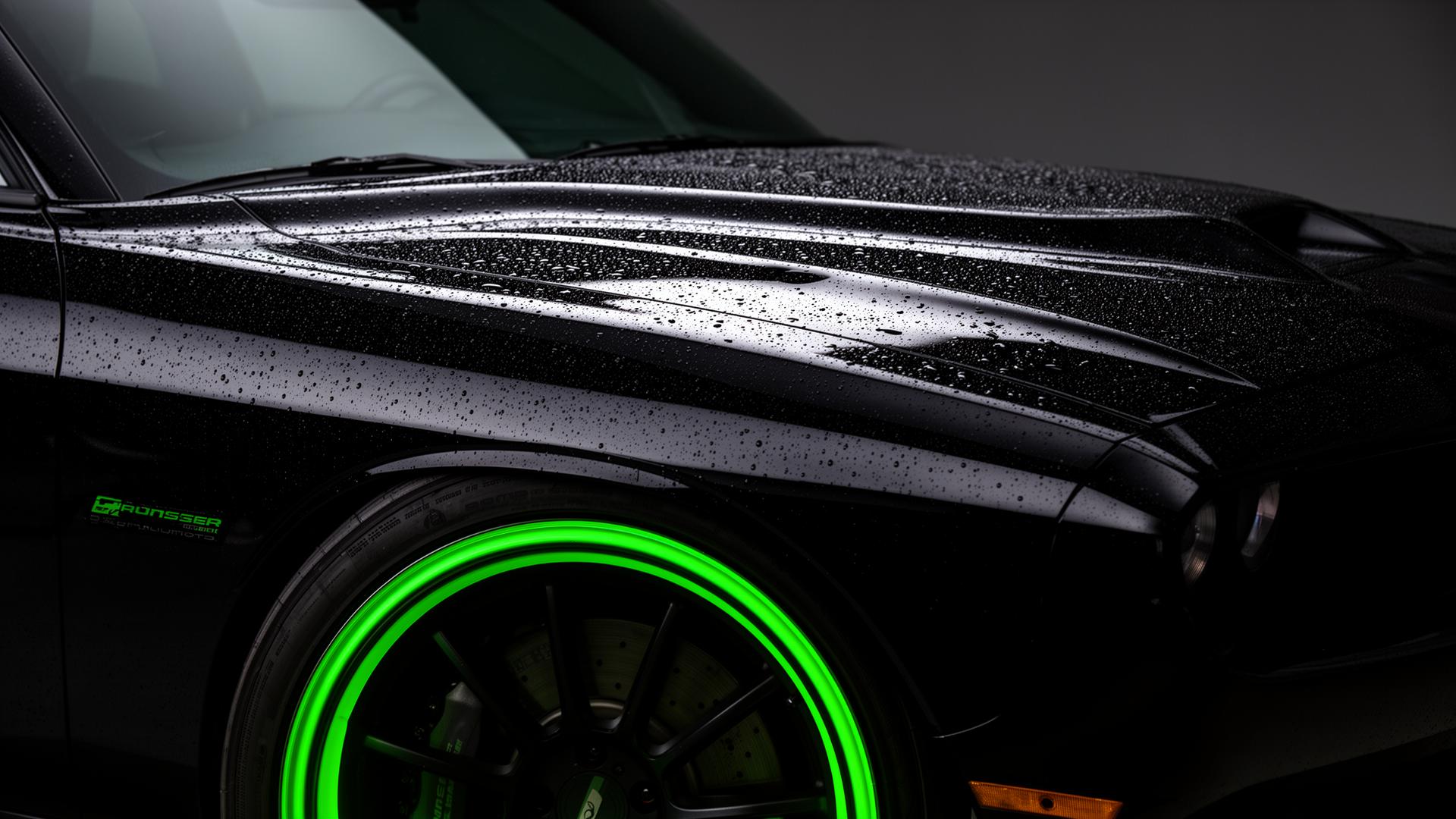 Glossy detailed black muscle car with green-lit wheel